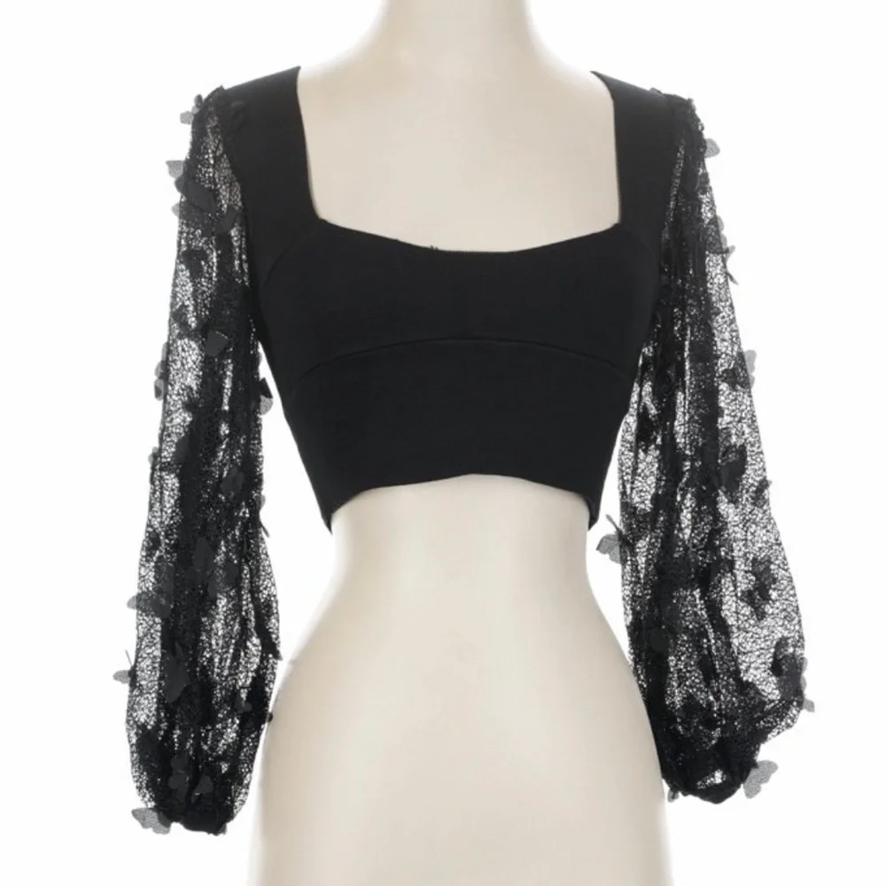 Free People Flutter By Crop Black Lace Top Sheer Sleeve Size Small - Picture 3 of 4
